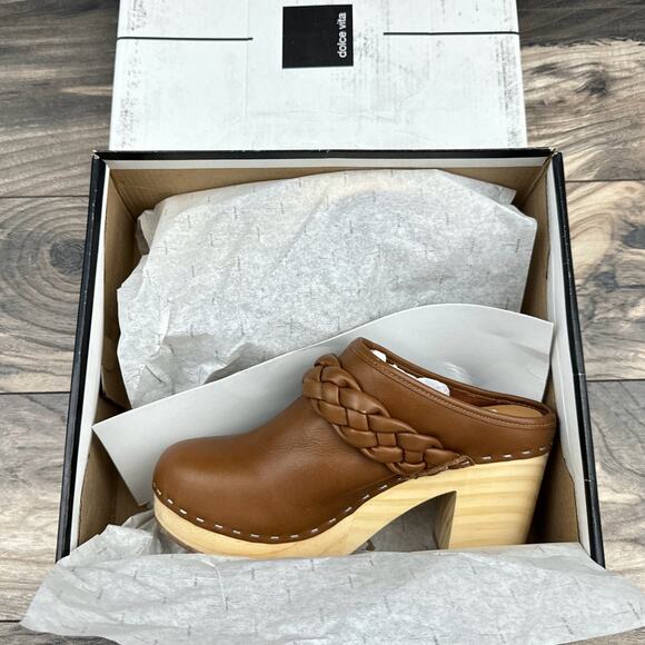 NIB Dolce Vita 8.5 Hila Braided Block Heel Leather Mule Clogs Saddle - Picture 11 of 13